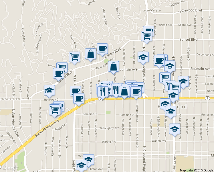 map of restaurants, bars, coffee shops, grocery stores, and more near 1210 North Flores Street in West Hollywood