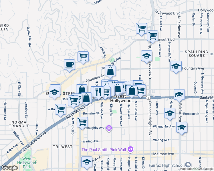 map of restaurants, bars, coffee shops, grocery stores, and more near 1210 North Kings Road in West Hollywood