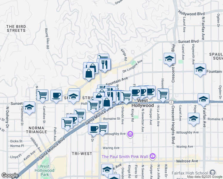 map of restaurants, bars, coffee shops, grocery stores, and more near 1147 Hacienda Place in West Hollywood