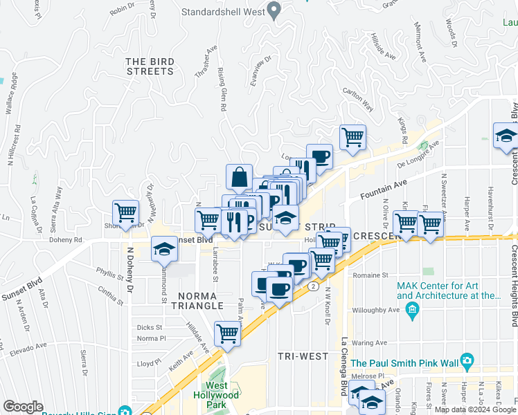 map of restaurants, bars, coffee shops, grocery stores, and more near 8749 Sunset Boulevard in West Hollywood
