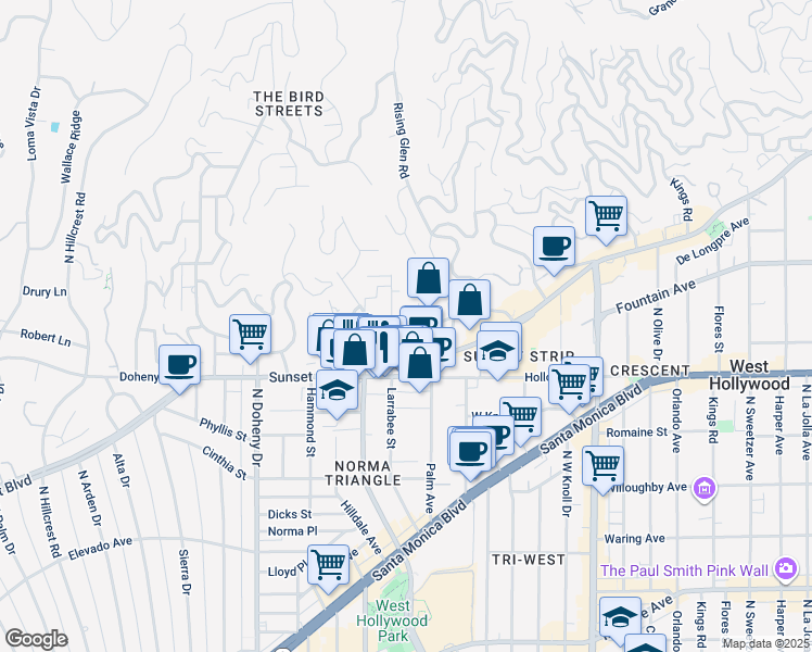 map of restaurants, bars, coffee shops, grocery stores, and more near 1136 Larrabee Street in West Hollywood