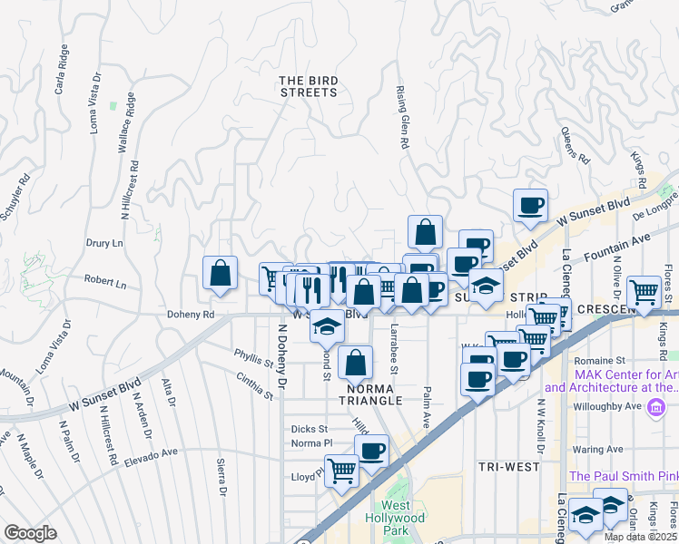 map of restaurants, bars, coffee shops, grocery stores, and more near 1217 Ozeta Terrace in West Hollywood
