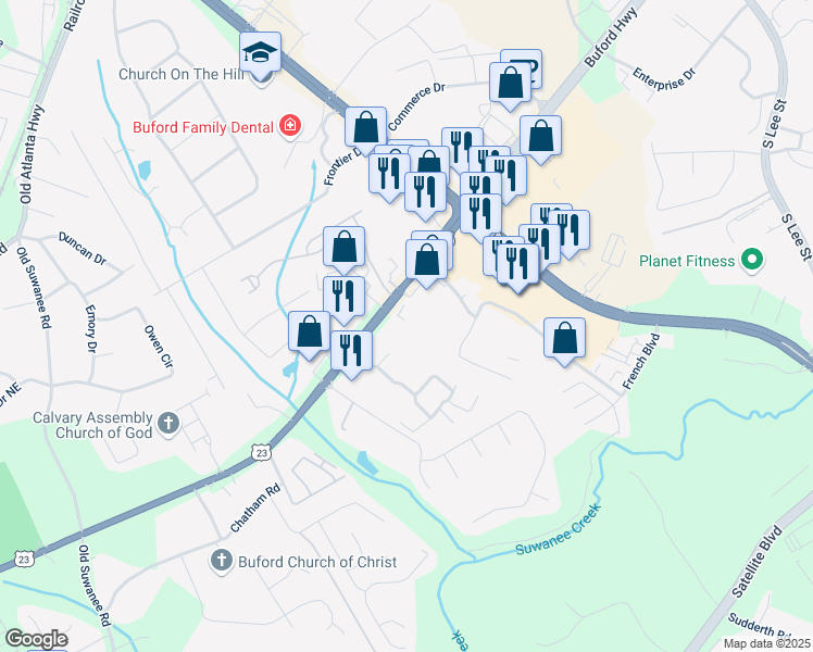 map of restaurants, bars, coffee shops, grocery stores, and more near 1405 Buford Highway in Buford