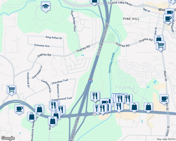 map of restaurants, bars, coffee shops, grocery stores, and more near 677 Stickley Oak Way in Woodstock