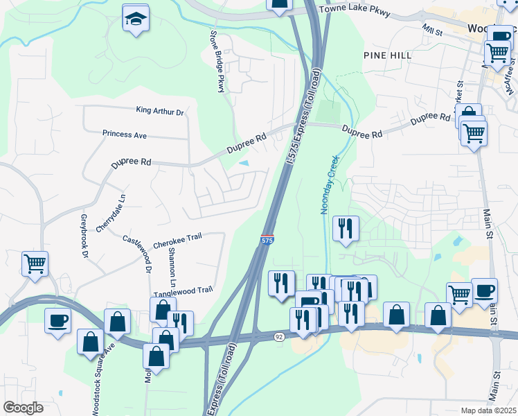 map of restaurants, bars, coffee shops, grocery stores, and more near 679 Stickley Oak Way in Woodstock