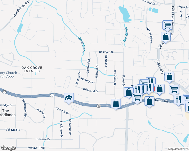 map of restaurants, bars, coffee shops, grocery stores, and more near 5669 Hillcrest Drive in Acworth