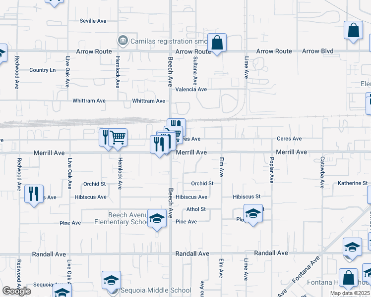 map of restaurants, bars, coffee shops, grocery stores, and more near 15356 Merrill Avenue in Fontana