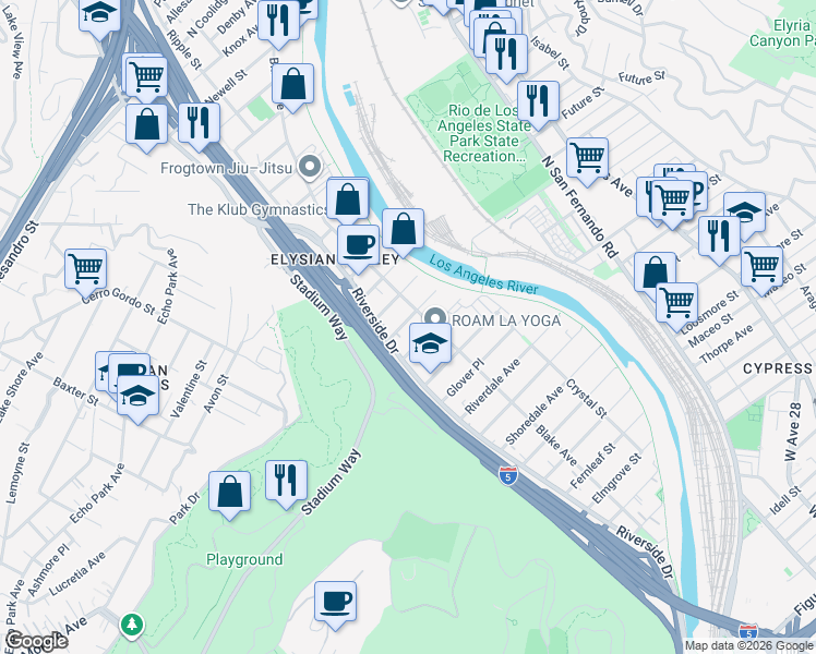 map of restaurants, bars, coffee shops, grocery stores, and more near 2334 Birkdale Street in Los Angeles