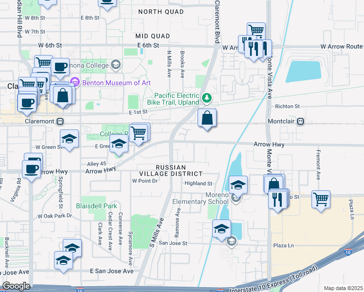 map of restaurants, bars, coffee shops, grocery stores, and more near 596 East Arrow Highway in Claremont