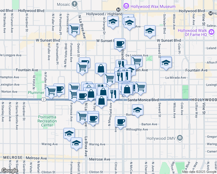 map of restaurants, bars, coffee shops, grocery stores, and more near 1140 West Alma Lane in Los Angeles