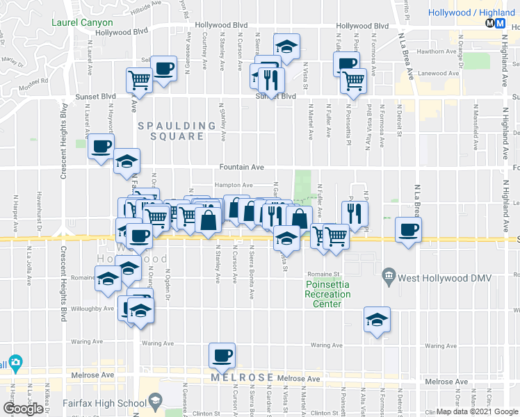 map of restaurants, bars, coffee shops, grocery stores, and more near 7518 Lexington Avenue in West Hollywood