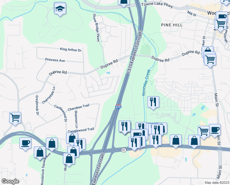 map of restaurants, bars, coffee shops, grocery stores, and more near 643 Stickley Oak Way in Woodstock