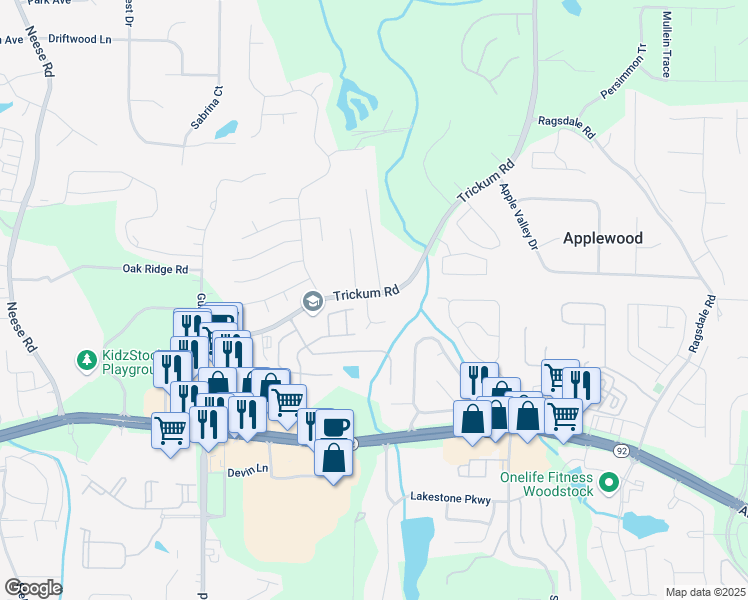 map of restaurants, bars, coffee shops, grocery stores, and more near 215 Morris Lane in Woodstock