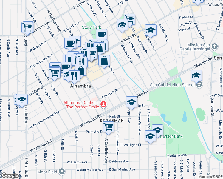 map of restaurants, bars, coffee shops, grocery stores, and more near 121 East Beacon Street in Alhambra