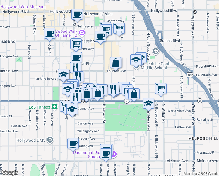 map of restaurants, bars, coffee shops, grocery stores, and more near 1147 Beachwood Drive in Los Angeles