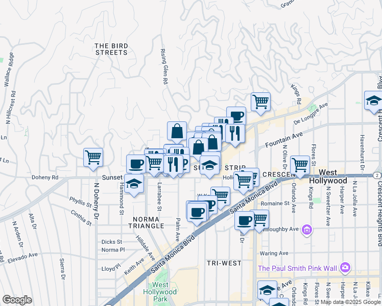 map of restaurants, bars, coffee shops, grocery stores, and more near 8749 Sunset Boulevard in West Hollywood