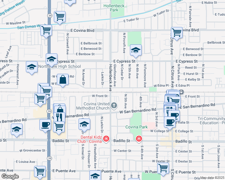 map of restaurants, bars, coffee shops, grocery stores, and more near 17940 East Edna Place in Covina