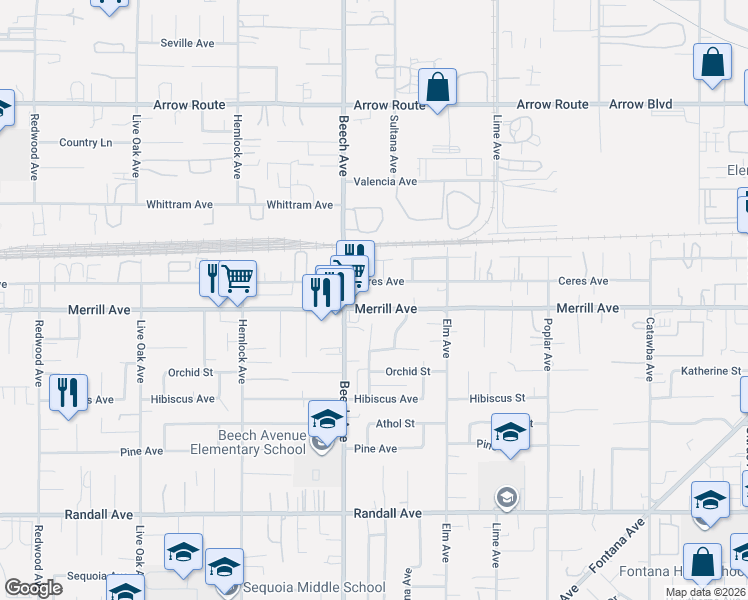 map of restaurants, bars, coffee shops, grocery stores, and more near 15356 Merrill Avenue in Fontana