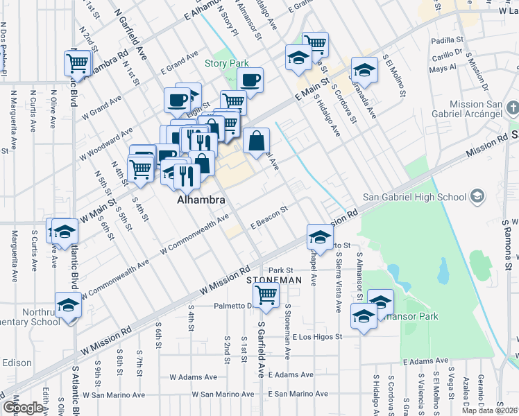 map of restaurants, bars, coffee shops, grocery stores, and more near 108 East Commonwealth Avenue in Alhambra