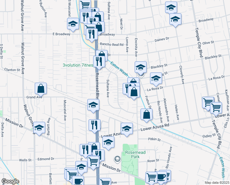 map of restaurants, bars, coffee shops, grocery stores, and more near 5065 Sereno Drive in Temple City