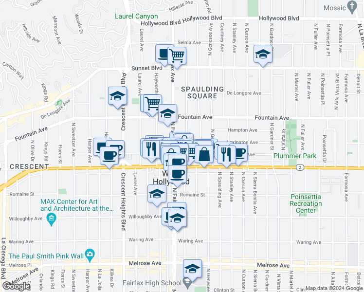 map of restaurants, bars, coffee shops, grocery stores, and more near 1171 North Orange Grove Avenue in West Hollywood