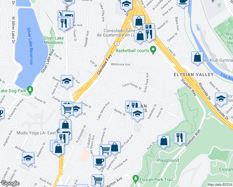 map of restaurants, bars, coffee shops, grocery stores, and more near 2160 Lake Shore Avenue in Los Angeles