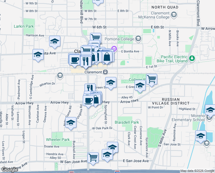 map of restaurants, bars, coffee shops, grocery stores, and more near 153 West Green Street in Claremont