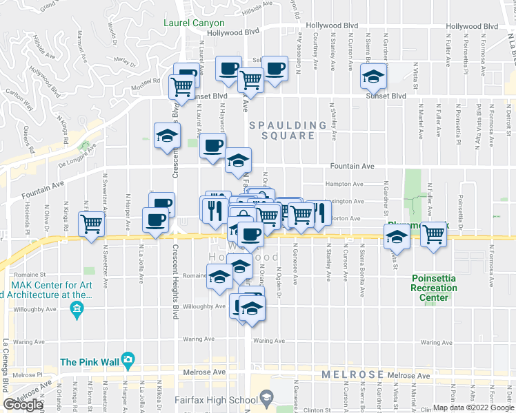 map of restaurants, bars, coffee shops, grocery stores, and more near 1169 North Orange Grove Avenue in West Hollywood