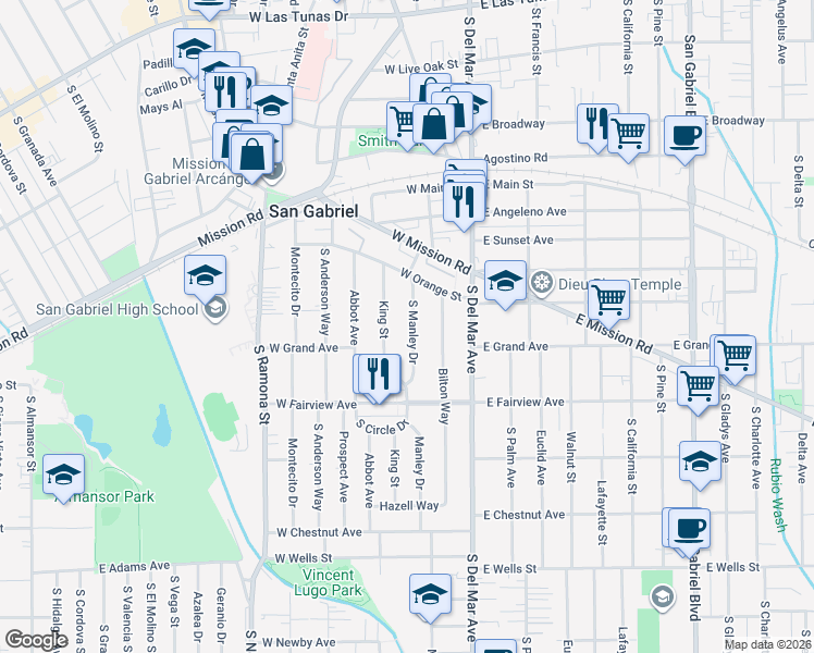map of restaurants, bars, coffee shops, grocery stores, and more near 815 Manley Drive in San Gabriel