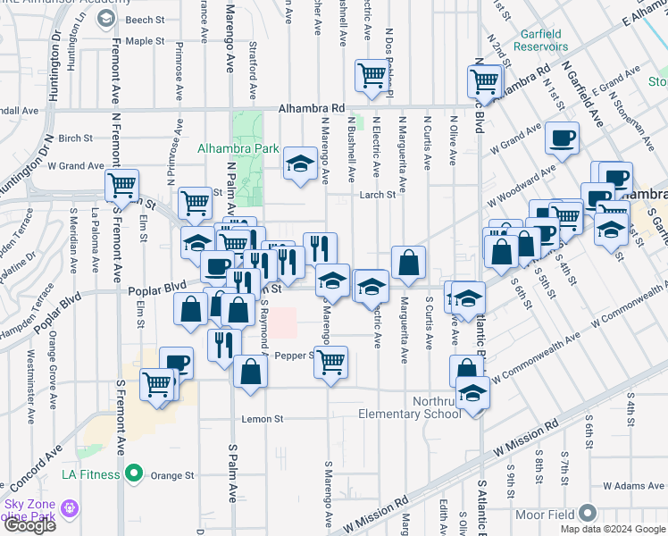 map of restaurants, bars, coffee shops, grocery stores, and more near 16 North Marengo Avenue in Alhambra