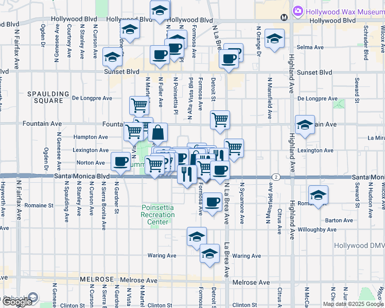 map of restaurants, bars, coffee shops, grocery stores, and more near 1154 North Poinsettia Place in West Hollywood