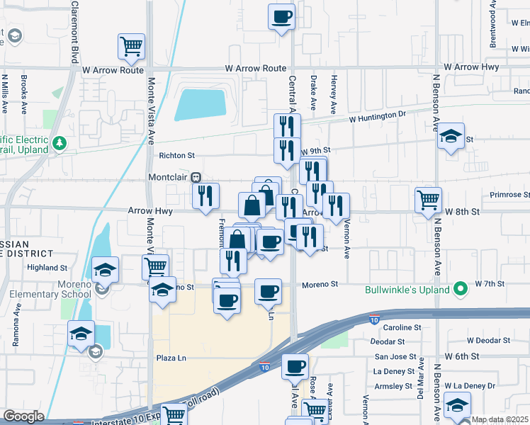 map of restaurants, bars, coffee shops, grocery stores, and more near 5235 East Arrow Highway in Montclair