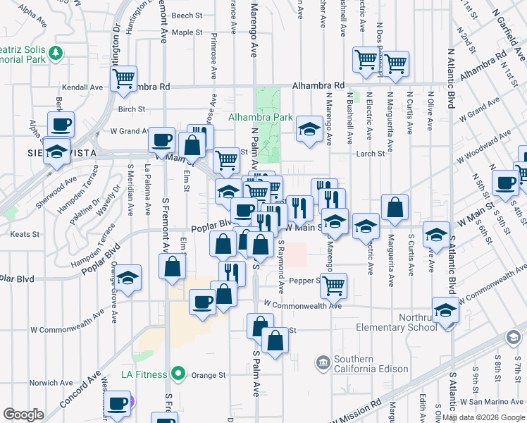 map of restaurants, bars, coffee shops, grocery stores, and more near 2121 West Main Street in Alhambra