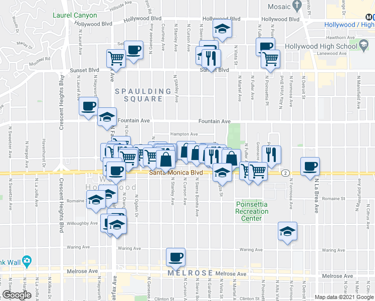 map of restaurants, bars, coffee shops, grocery stores, and more near 1169 North Curson Avenue in Los Angeles
