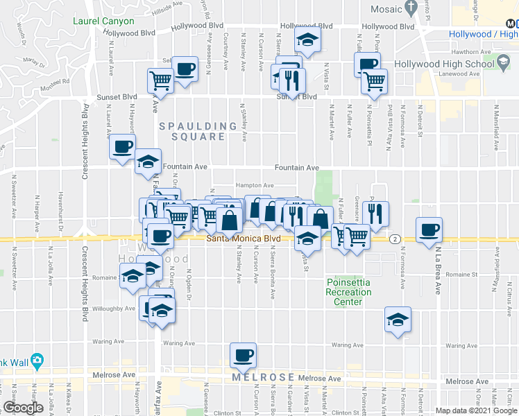 map of restaurants, bars, coffee shops, grocery stores, and more near 1169 North Curson Avenue in West Hollywood