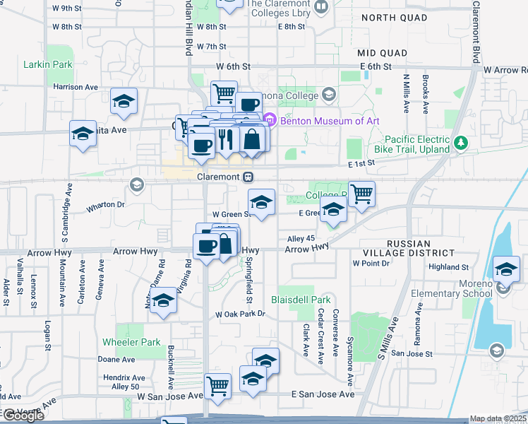 map of restaurants, bars, coffee shops, grocery stores, and more near 125 West Green Street in Claremont