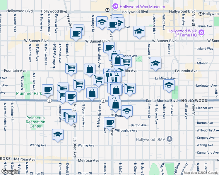 map of restaurants, bars, coffee shops, grocery stores, and more near 1140 North Citrus Avenue in Los Angeles