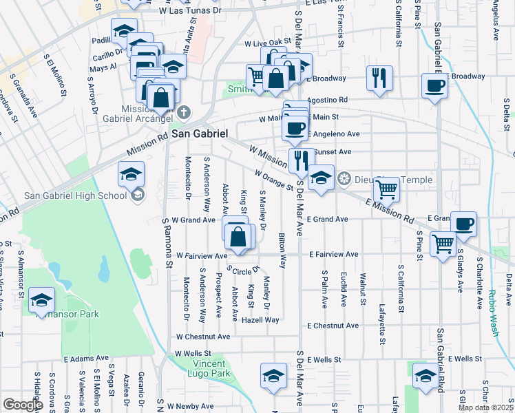 map of restaurants, bars, coffee shops, grocery stores, and more near 815 Manley Drive in San Gabriel