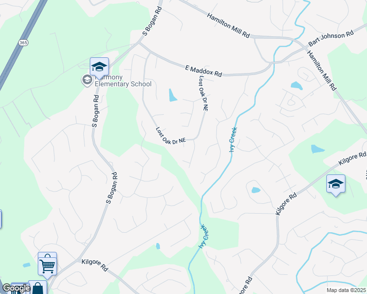 map of restaurants, bars, coffee shops, grocery stores, and more near 2607 Creek Rock Circle in Buford