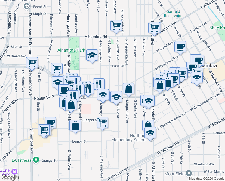map of restaurants, bars, coffee shops, grocery stores, and more near 1515 West Main Street in Alhambra