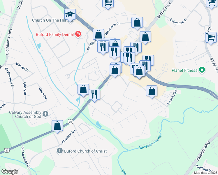 map of restaurants, bars, coffee shops, grocery stores, and more near 1405 Buford Highway in Buford