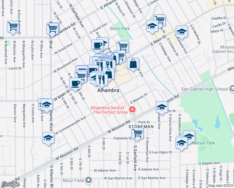 map of restaurants, bars, coffee shops, grocery stores, and more near in Alhambra