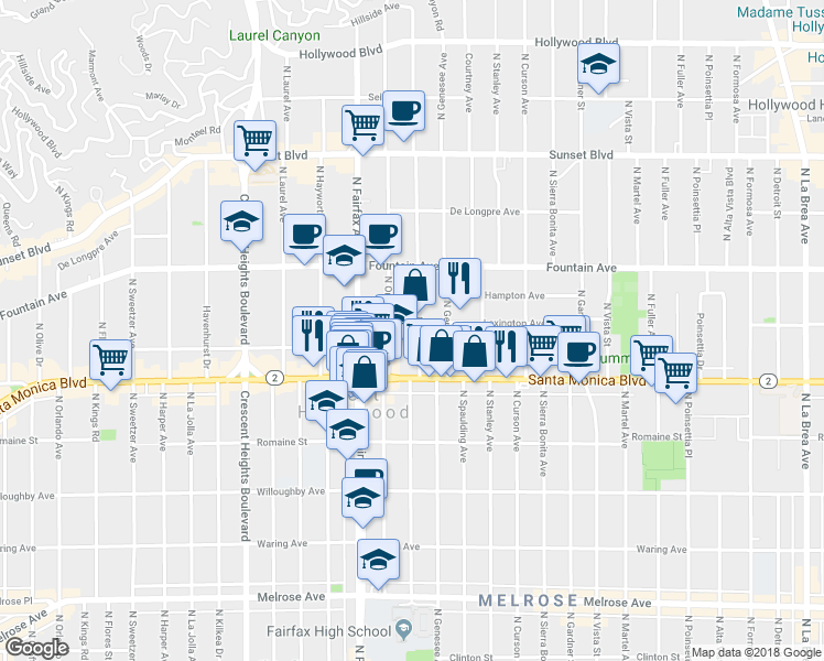 map of restaurants, bars, coffee shops, grocery stores, and more near 1155 North Ogden Drive in West Hollywood