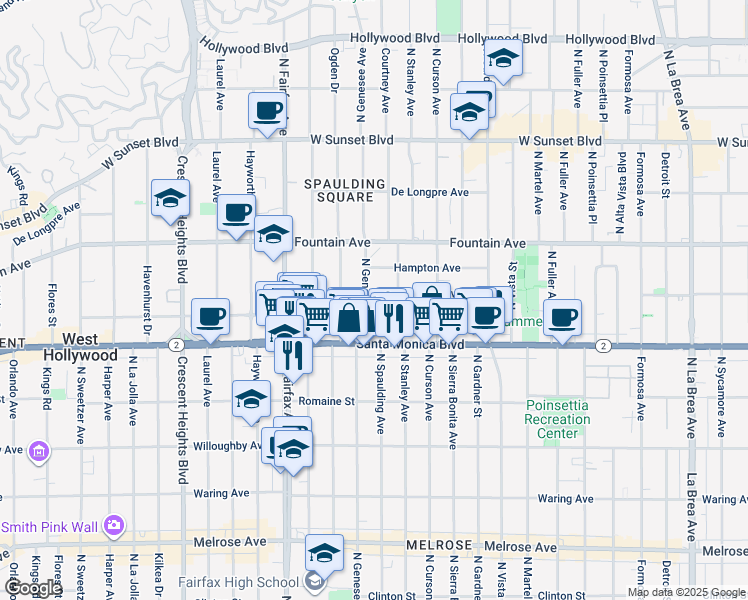map of restaurants, bars, coffee shops, grocery stores, and more near 7725 Norton Avenue in West Hollywood