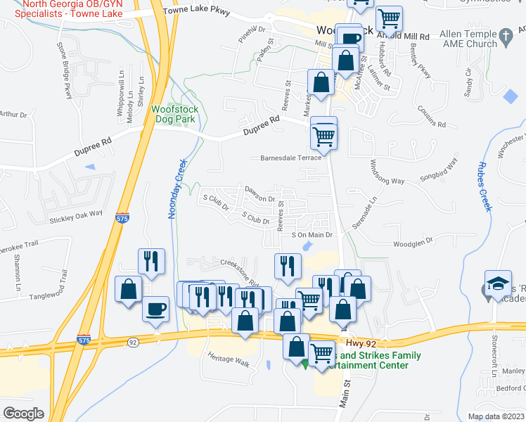 map of restaurants, bars, coffee shops, grocery stores, and more near 506 East Main Street in Canton