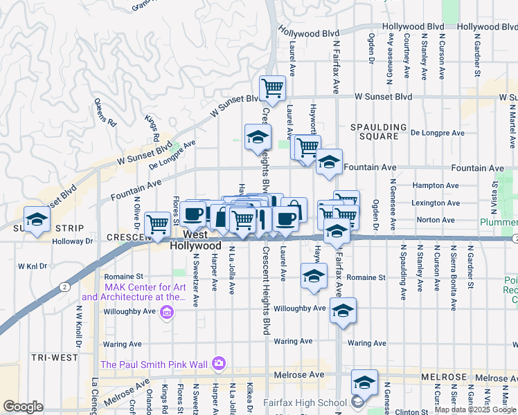 map of restaurants, bars, coffee shops, grocery stores, and more near 8109 1/2 Norton Avenue in West Hollywood
