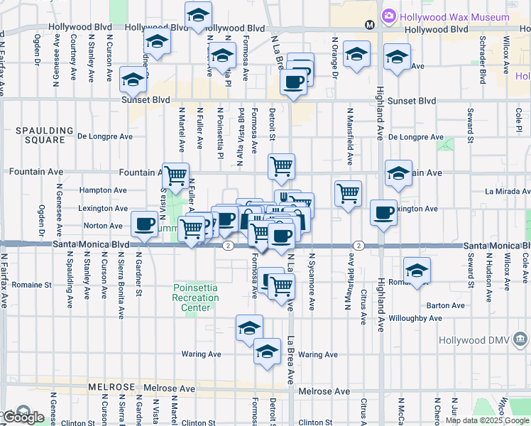 map of restaurants, bars, coffee shops, grocery stores, and more near 1139 North Detroit Street in West Hollywood