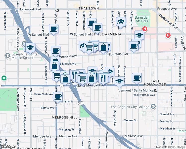 map of restaurants, bars, coffee shops, grocery stores, and more near 1163 North Kingsley Drive in Los Angeles
