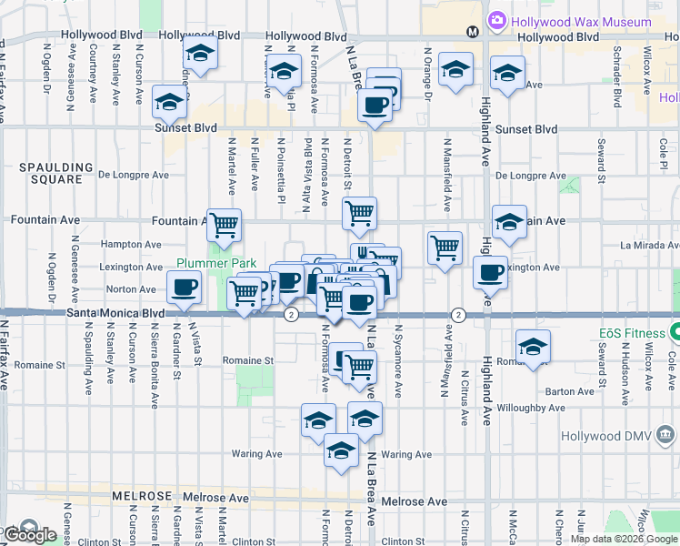 map of restaurants, bars, coffee shops, grocery stores, and more near 1139 North Detroit Street in West Hollywood