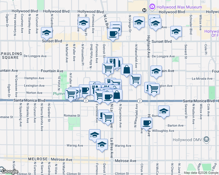 map of restaurants, bars, coffee shops, grocery stores, and more near 1134 North La Brea Avenue in West Hollywood